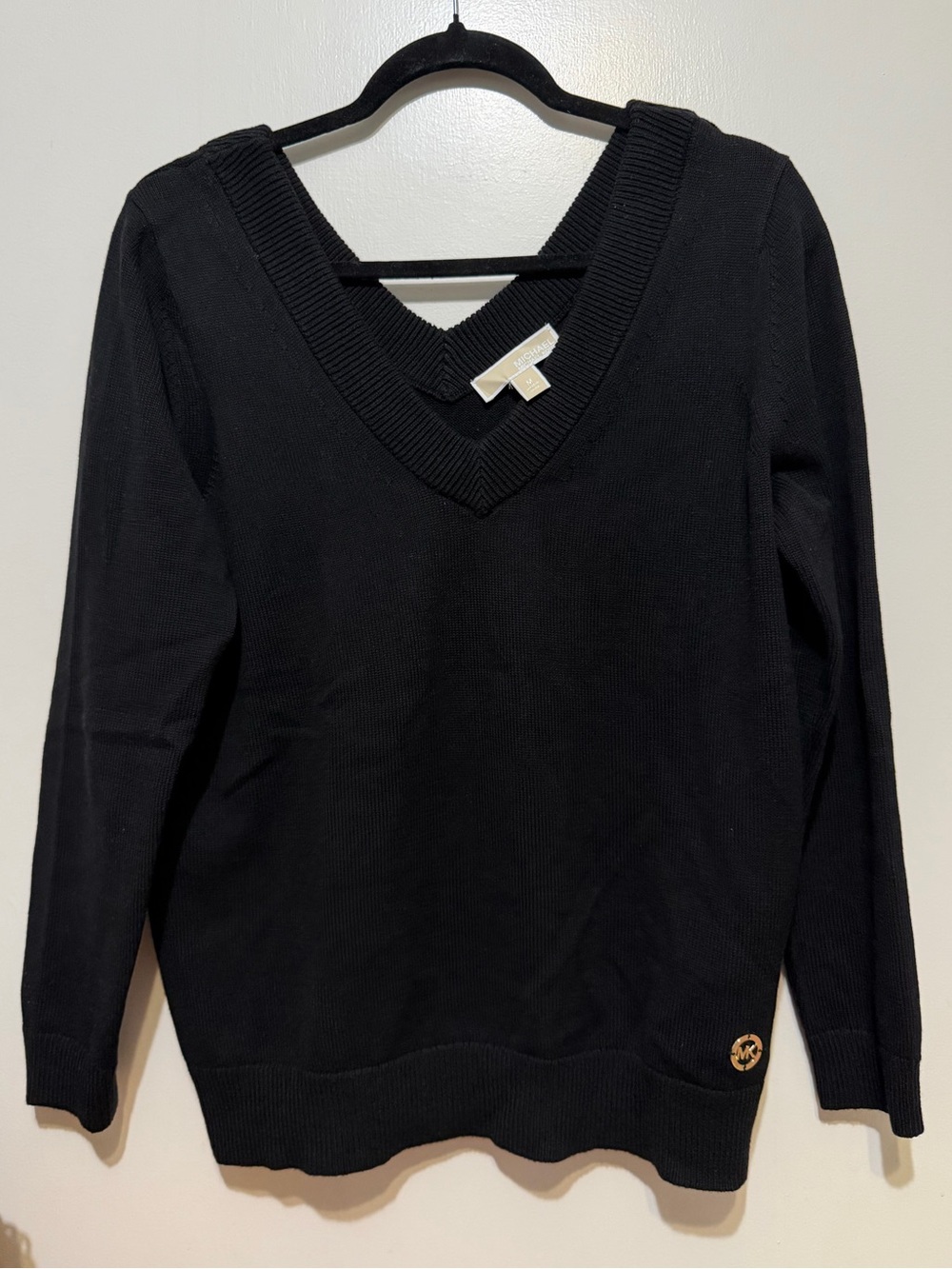 Michael Kors • Black V-Neck Sweater with Gold Logo Accent